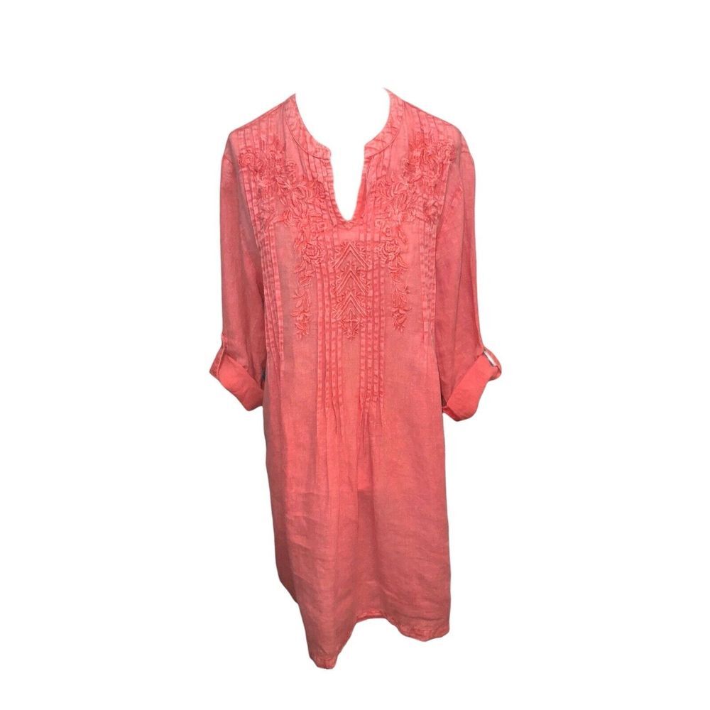 Karyn Seo Eva V-Neck 3/4 Sleeve Embroidered Coral Linen Shift Dress  SZ MED.